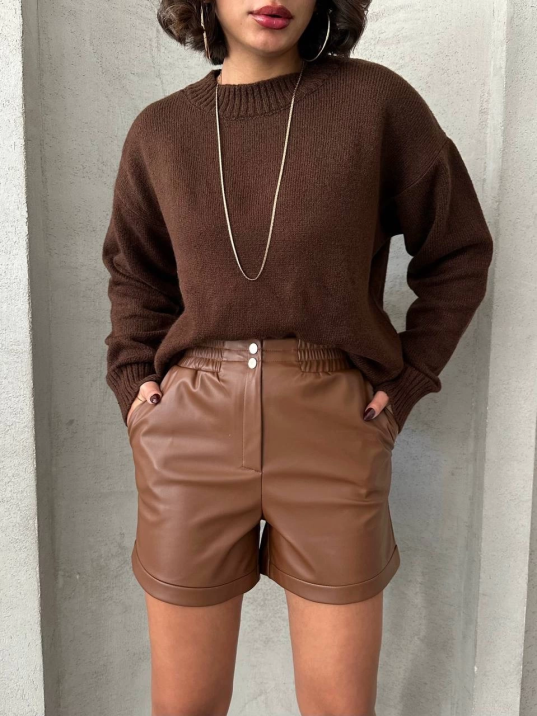 Beli lastikli çıtçıtlı deri şort kahve w241007 Beli lastikli çıtçıtlı deri şort kahve w241007