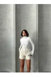Beli Lastikli Çıtçıtlı Deri Şort Krem W241007