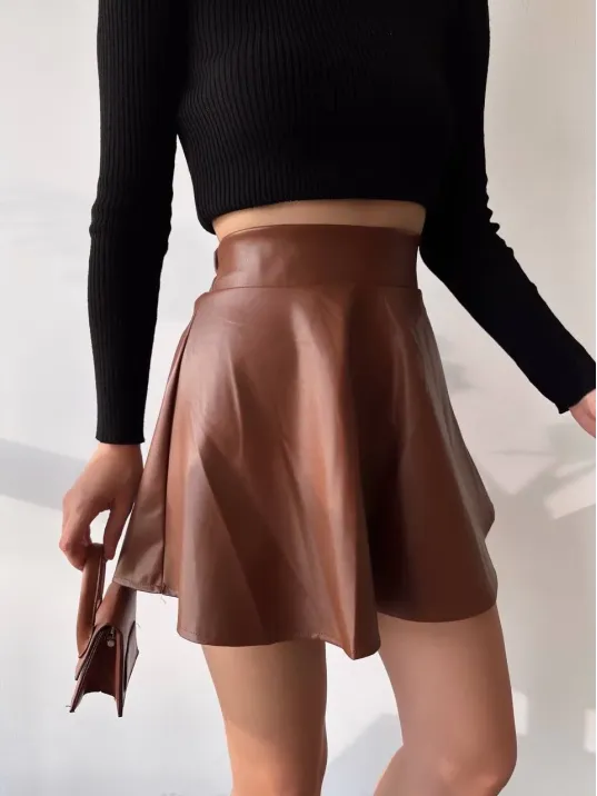 Beli Lastikli Deri Etek Kahve S24599