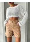 Beli Lastikli Duble Paça Deri Şort Bej W24755