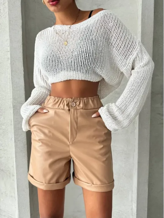 Beli Lastikli Duble Paça Deri Şort Bej W24755