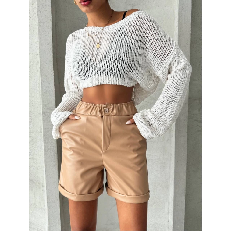 Beli lastikli duble paça deri şort bej w24755 Beli lastikli duble paça deri şort bej w24755