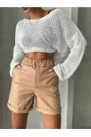 Beli Lastikli Duble Paça Deri Şort Bej W24755