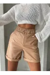 Beli Lastikli Duble Paça Deri Şort Bej W24755