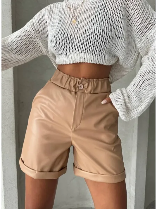 Beli Lastikli Duble Paça Deri Şort Bej W24755