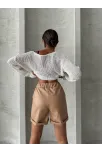 Beli Lastikli Duble Paça Deri Şort Bej W24755