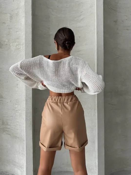 Beli Lastikli Duble Paça Deri Şort Bej W24755