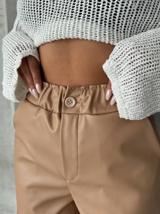 Beli Lastikli Duble Paça Deri Şort Bej W24755