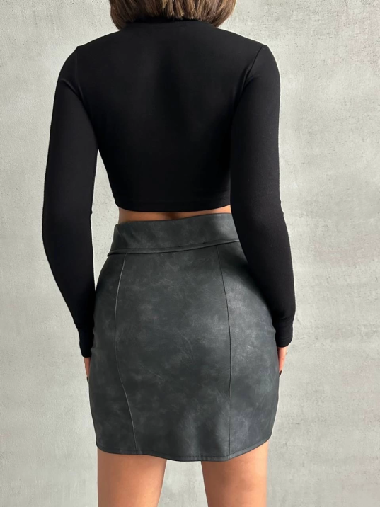 Beli pervazlı fermuarlı eskitme deri etek w24431 Beli pervazlı fermuarlı eskitme deri etek w24431