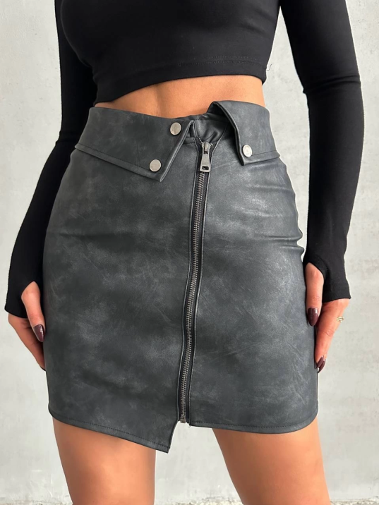 Beli pervazlı fermuarlı eskitme deri etek w24431 Beli pervazlı fermuarlı eskitme deri etek w24431