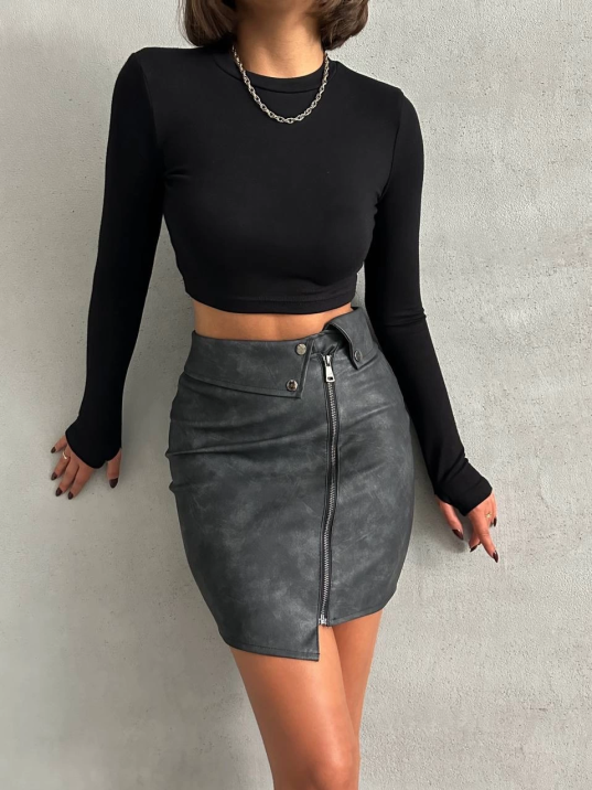 Beli pervazlı fermuarlı eskitme deri etek w24431 Beli pervazlı fermuarlı eskitme deri etek w24431