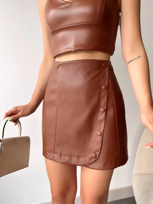 Beş düğmeli oval deri etek kahve h240068 Beş düğmeli oval deri etek kahve h240068