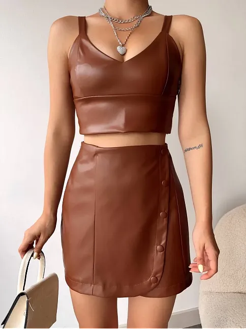 Beş Düğmeli Oval Deri Etek Kahve H240068