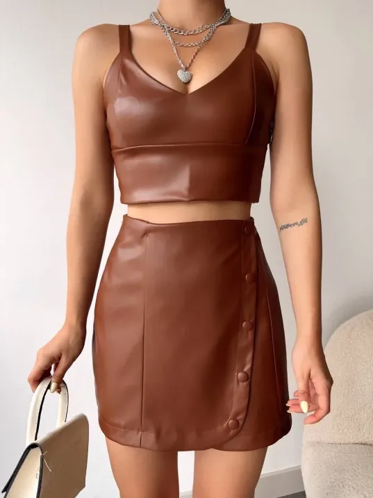 Beş Düğmeli Oval Deri Etek Kahve H240068