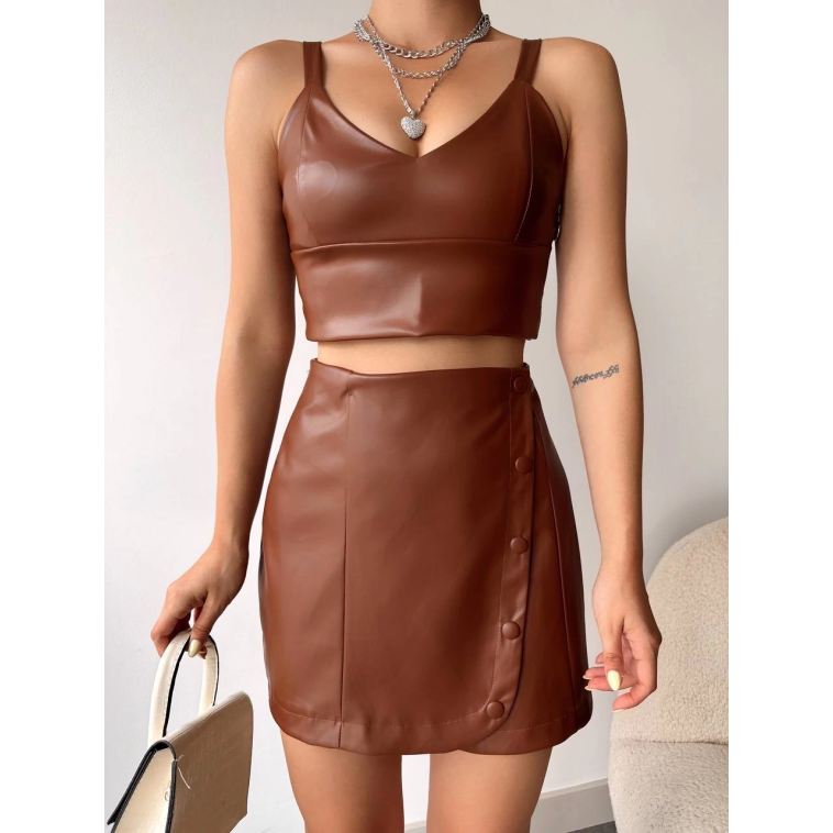 Beş düğmeli oval deri etek kahve h240068 Beş düğmeli oval deri etek kahve h240068