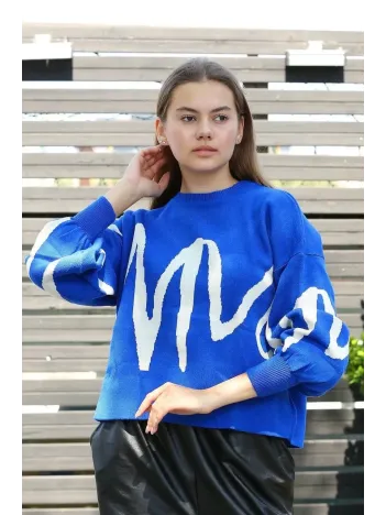 Beyaz Çizgili Bisiklet Yaka Kazak Saksmavisi