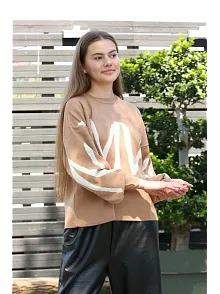 Beyaz Çizgili Bisiklet Yaka Kazak Vizon