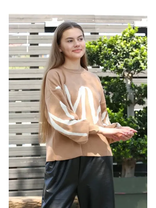 Beyaz Çizgili Bisiklet Yaka Kazak Vizon