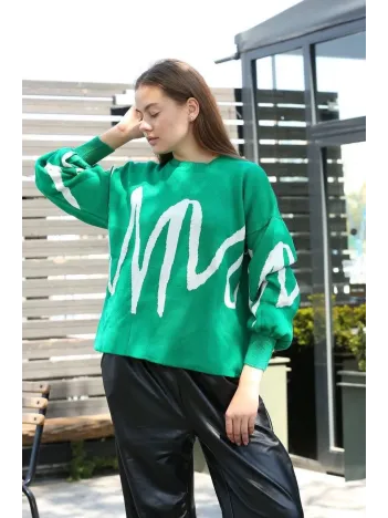 Beyaz Çizgili Bisiklet Yaka Kazak Yeşil