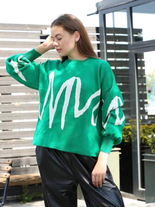 Beyaz çizgili bisiklet yaka kazak yeşil Beyaz çizgili bisiklet yaka kazak yeşil