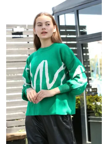 Beyaz Çizgili Bisiklet Yaka Kazak Yeşil Beyaz Çizgili Bisiklet Yaka Kazak Yeşil