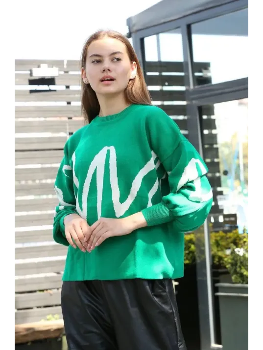 Beyaz Çizgili Bisiklet Yaka Kazak Yeşil