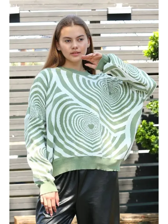 Beyaz Kalp Çizgili Kazak Mint