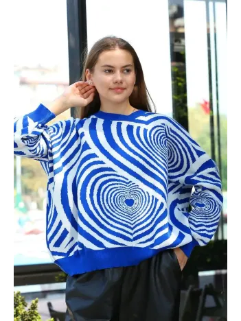 Beyaz Kalp Çizgili Kazak Saks Mavisi Beyaz Kalp Çizgili Kazak Saks Mavisi