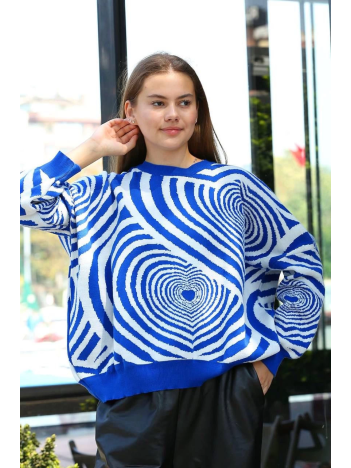 Beyaz kalp çizgili kazak saks mavisi Beyaz kalp çizgili kazak saks mavisi