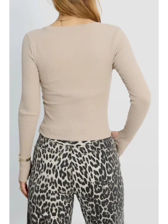 Bisiklet Yaka Parmak Geçmeli Kaşkorse Bluz Bej A3829