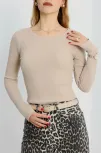 Bisiklet Yaka Parmak Geçmeli Kaşkorse Bluz Bej A3829