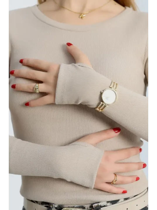 Bisiklet Yaka Parmak Geçmeli Kaşkorse Bluz Bej A3829