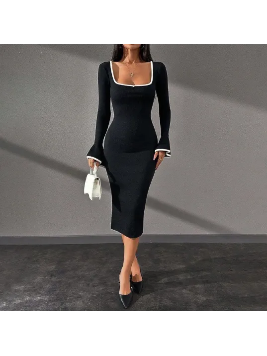 Biyeli Midi Boy Elbise Siyah A3718