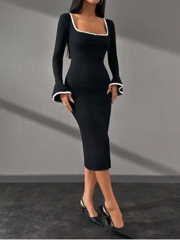 Biyeli Midi Boy Elbise Siyah A3718