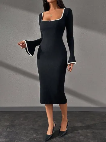 Biyeli Midi Boy Elbise Siyah A3718 Biyeli Midi Boy Elbise Siyah A3718