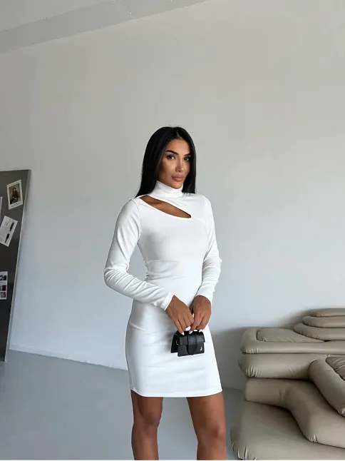 Boğazlı Gögüs Dekolteli Elbise Beyaz F2333