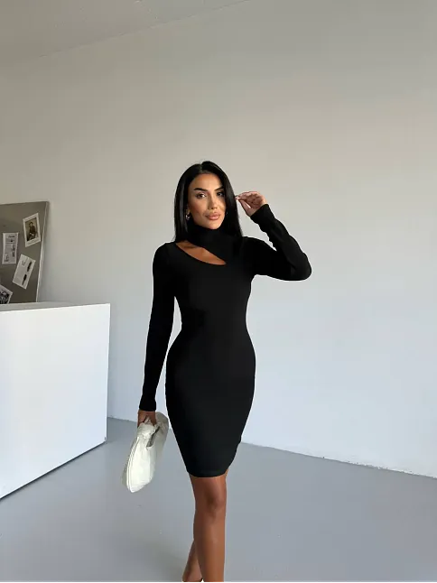 Boğazlı Gögüs Dekolteli Elbise Siyah F2333