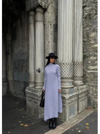 Boğazlı Kalın Bürümcük Uzun Elbise Gri