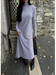 Boğazlı Kalın Bürümcük Uzun Elbise Gri