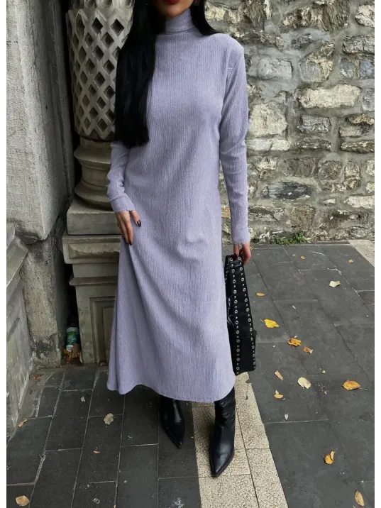 Boğazlı Kalın Bürümcük Uzun Elbise Gri