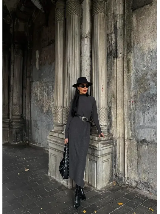 Boğazlı Kalın Bürümcük Uzun Elbise Siyah