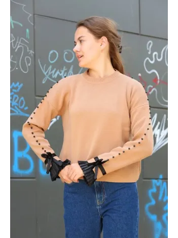 Boncuklu Bile Detaylı Kazak Vizon Boncuklu Bile Detaylı Kazak Vizon