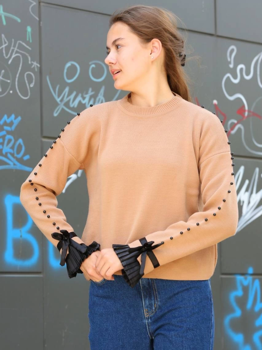 Boncuklu bile detaylı kazak vizon Boncuklu bile detaylı kazak vizon