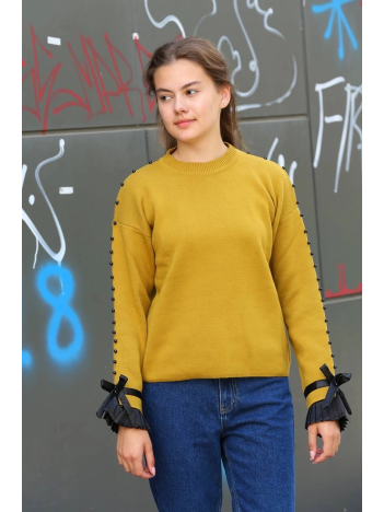 Boncuklu bile detaylı kazak hardal Boncuklu bile detaylı kazak hardal