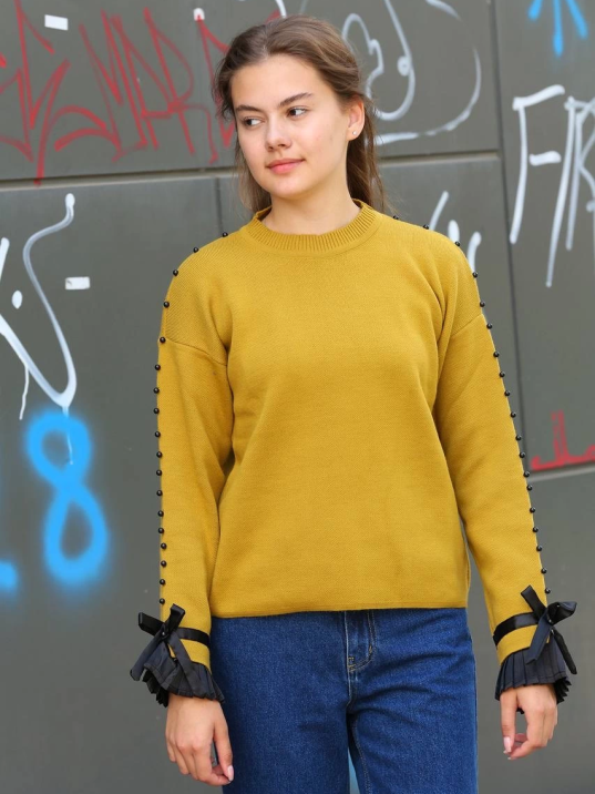 Boncuklu bile detaylı kazak hardal Boncuklu bile detaylı kazak hardal