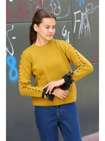 Boncuklu Bile Detaylı Kazak Hardal Boncuklu Bile Detaylı Kazak Hardal