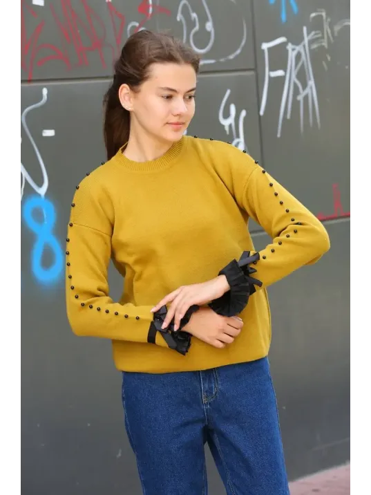 Boncuklu Bile Detaylı Kazak Hardal