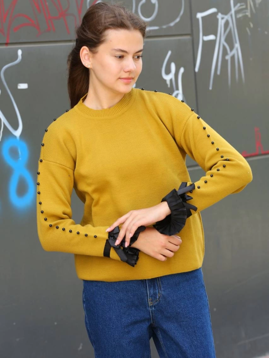 Boncuklu bile detaylı kazak hardal Boncuklu bile detaylı kazak hardal