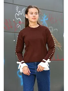 Boncuklu Bile Detaylı Kazak Kahve