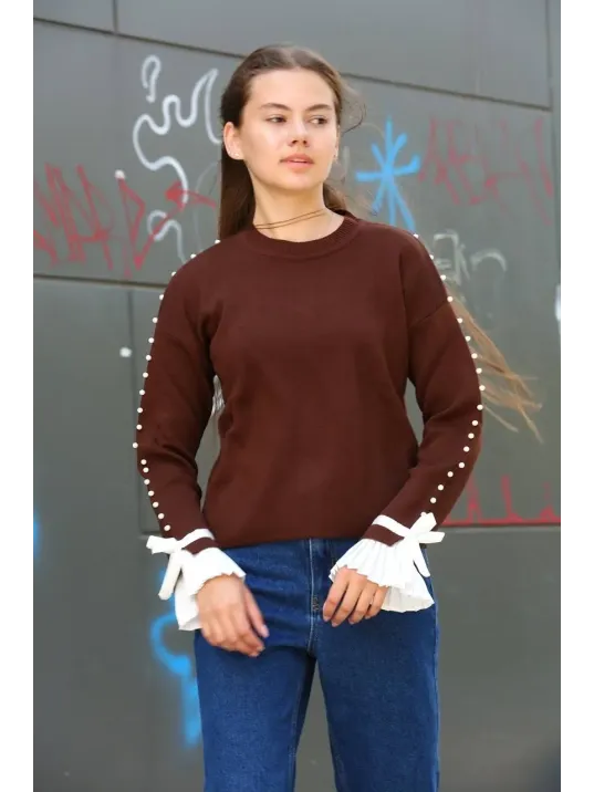 Boncuklu Bile Detaylı Kazak Kahve